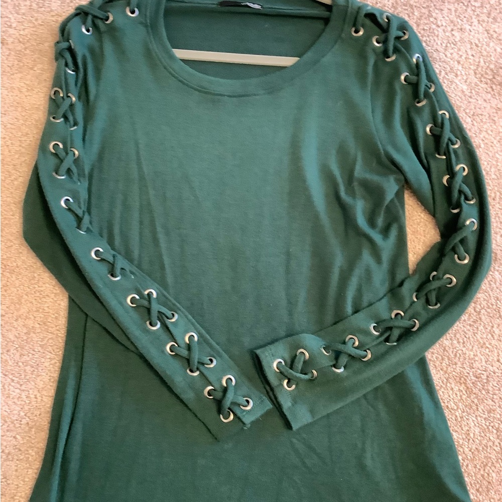 Ariella Forest Green Lace-Up Sleeve Top